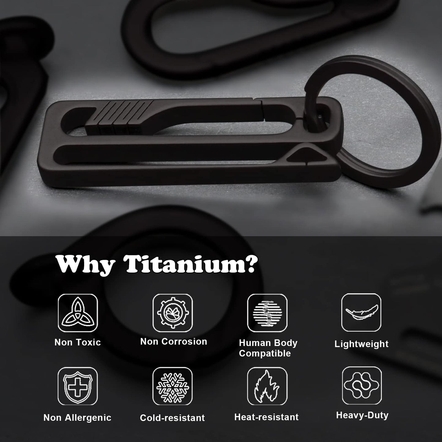 PJYTAC Black Titanium Belt Key Holder Heavy Duty Quick Release Keychain Clip with Titanium Key Ring for Men and Women