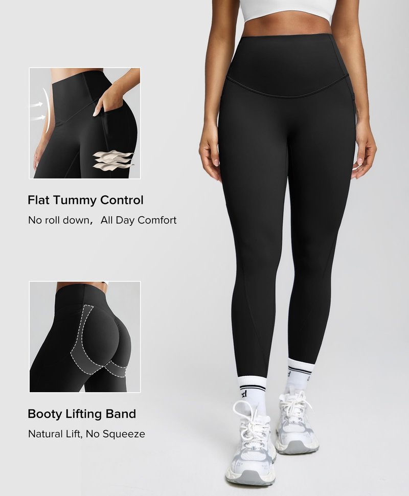 BRXL Scrunch Butt Lifting Leggings with Pockets for Women, 25" Tummy Control High Waisted No Front Seam, Compression Workout Gym Leggings Black