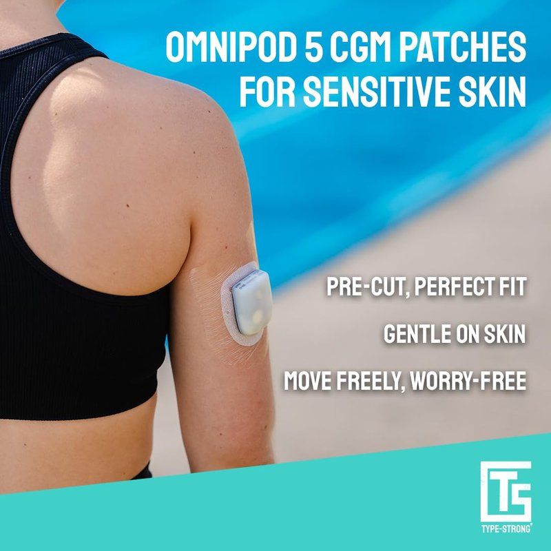 Type Strong Omnipod 5 Overpatches, CGM Adhesive Patches for Sensitive Skin. Waterproof & Sweatproof for 3+ Days of Protection, Pre-Cut Adhesive Tape, Durable, Hypoallergenic, Easy to Apply. 20 Pack
