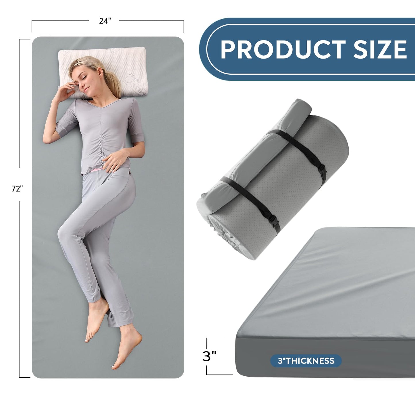 Memory Foam Camping Cot Mattress Pad, 3 Inch Thick Sleeping Pad with Waterproof Cover, 72"×24"×3" Non-Slip Portable Roll up Cot Mattress Pad Mat for Travel Truck Bed Tent, Not for 75"×30", Gray