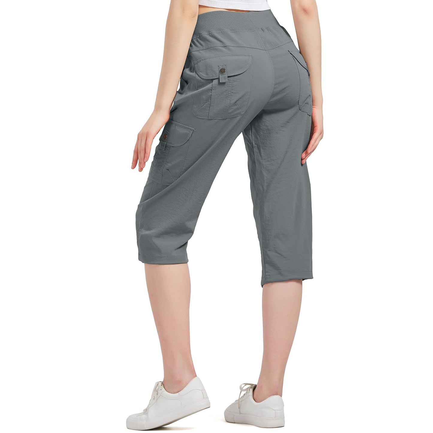 Women's Cargo Capris Hiking Pants with 6 Pockets Lightweight Quick Dry Outdoor Travel Casual Comfy Summer Pants(2032 Grey L)
