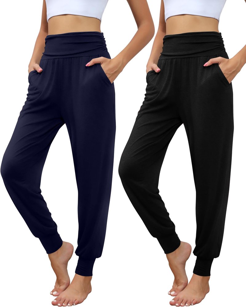 Locoowai 2 Pack Women's Yoga Joggers, Cozy Sweatpants with Pockets Casual Loose Comfy High Waisted Lounge Pants(Black, Navy Blue,Medium)