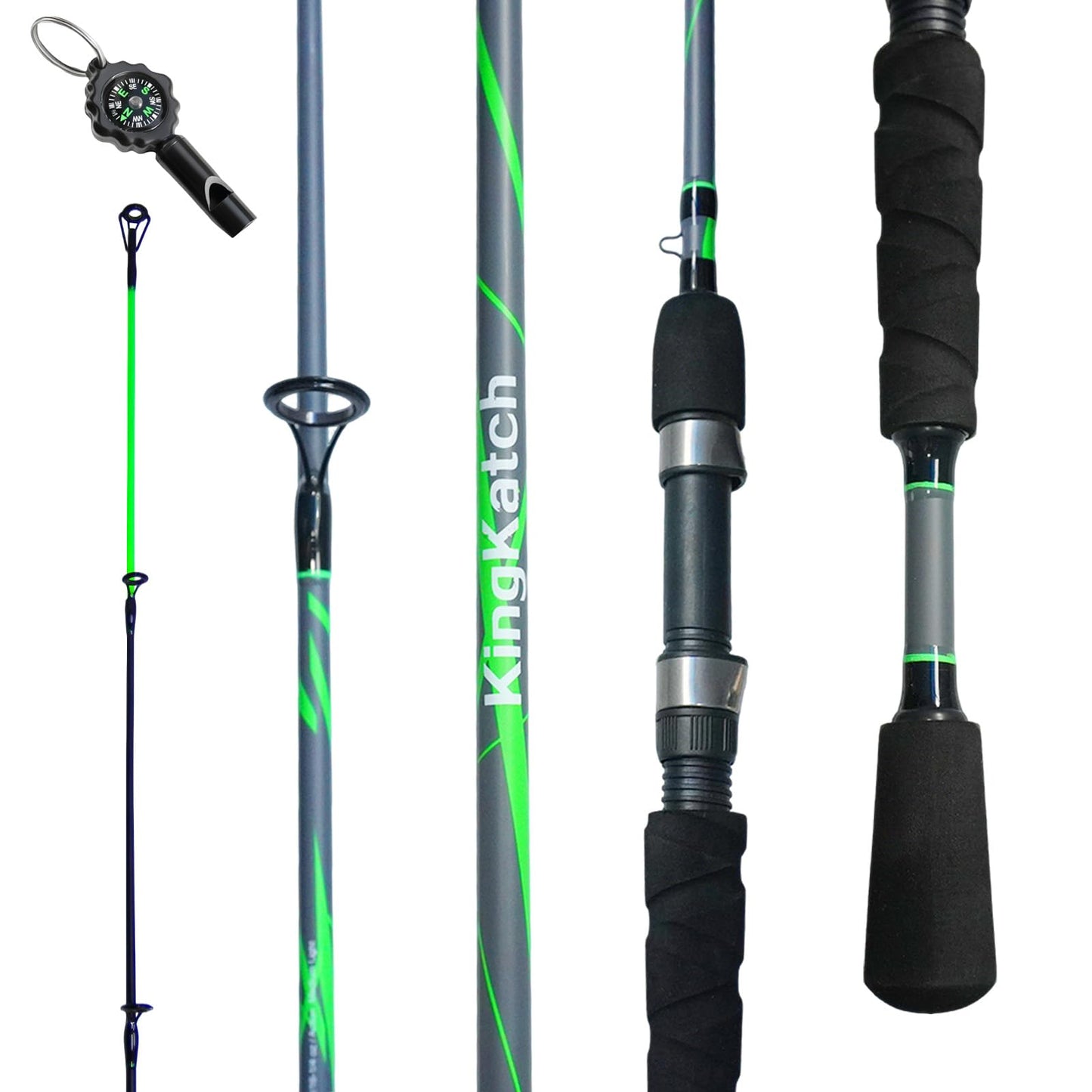 KingKatch Spinning & Casting Fishing Rod, Durable Carbon & Glass Composite Blank, ML Power, Ceramic Guides, Fluorescent Strike Tip, Split Handle, Gift-Ready, Freshwater/Saltwater