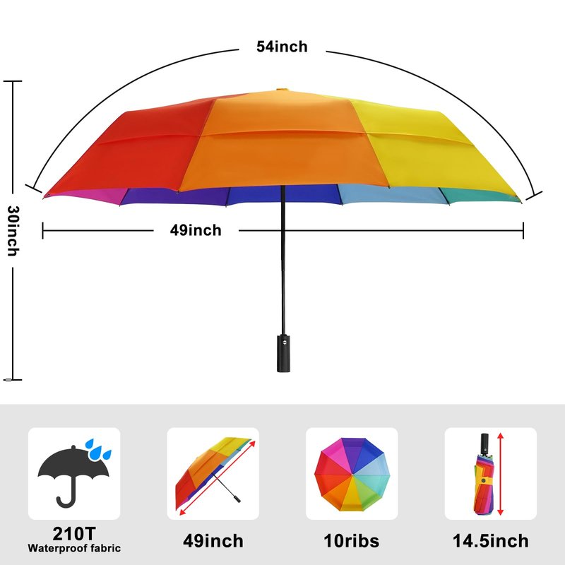 Lejorain Large Golf Umbrella Rainbow - Oversized 54inch Double Layer Windproof 10Ribs Folding Travel Umbrella Compact Auto Open Close for Rain Women/Men