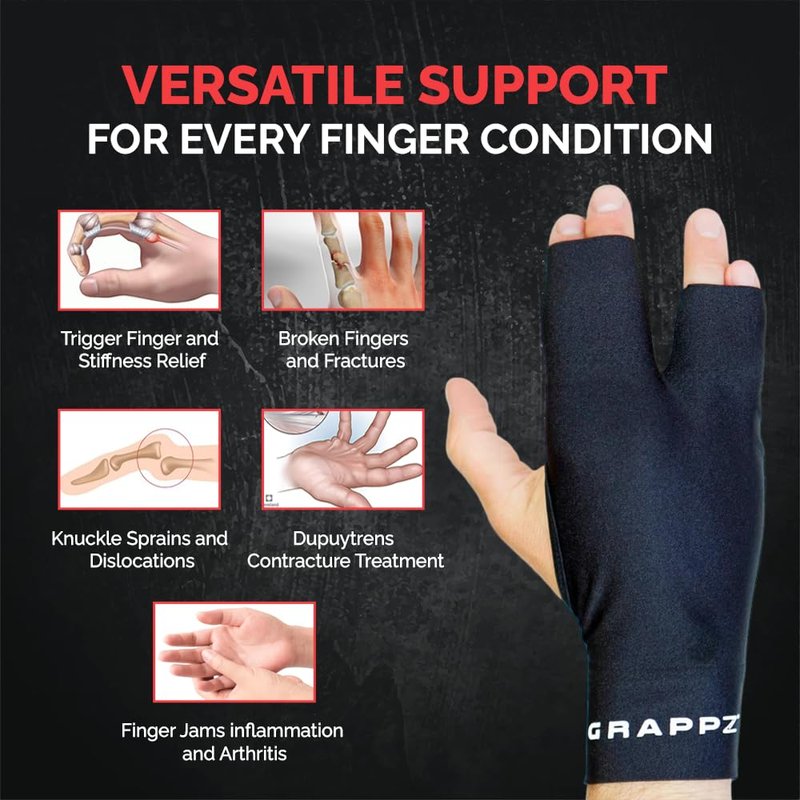 Grappz Finger Support Athletic Compression Gloves – Athletic Buddy Tape & Trigger Finger Splint Alternative – Finger Sleeve & Brace, Arthritis Pain Relief & Joint Stabilizer for All Sports, Unisex M