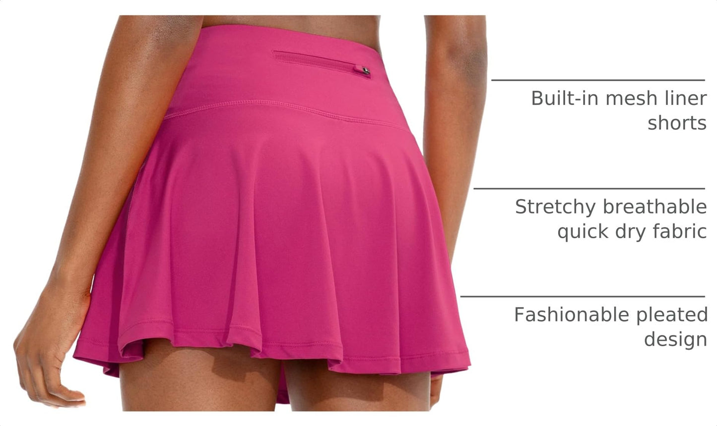 SANTINY Pleated Tennis Skirt for Women with 4 Pockets Women's High Waisted Athletic Golf Skorts Skirts for Running Casual (Deep Pink_M)
