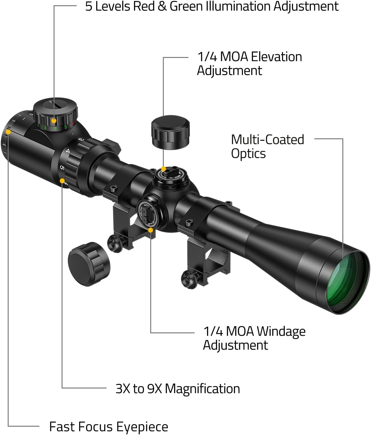 CVLIFE 3-9x40 Rifle Scope - Red & Green Illuminated Optical Riflescope for Hunting | Mil-Dot Reticle, 20mm Picatinny