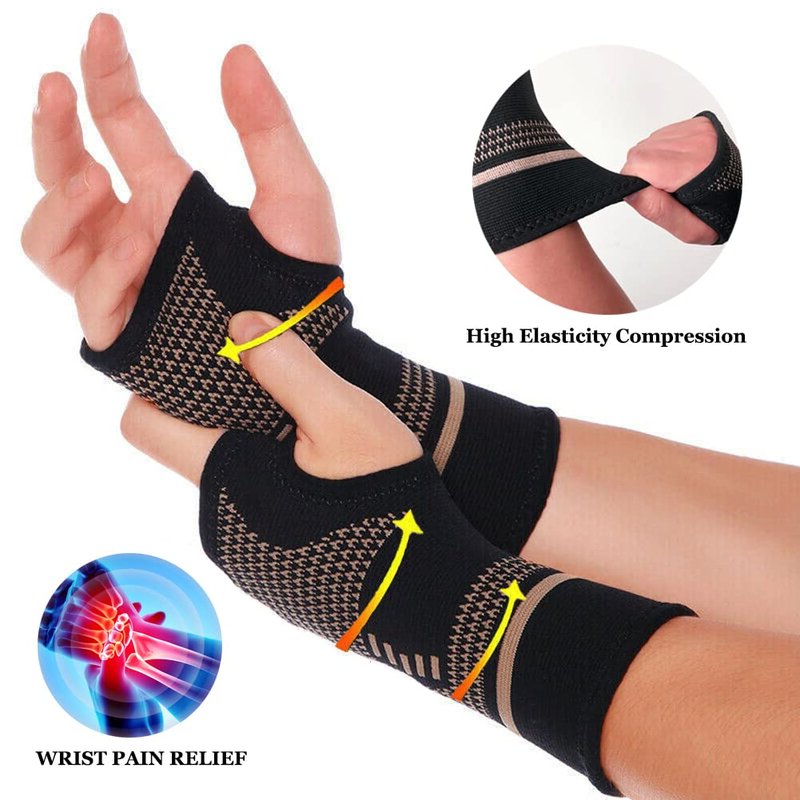 Copper Wrist Compression Sleeves(2PCS), Elastic Wrist Support Sleeve Wrist Brace for Tendonitis, Arthritis, Sprains Pain Relief, Breathable Carpal Tunnel Hand Brace for Sport, Fitness, Workout, Typing