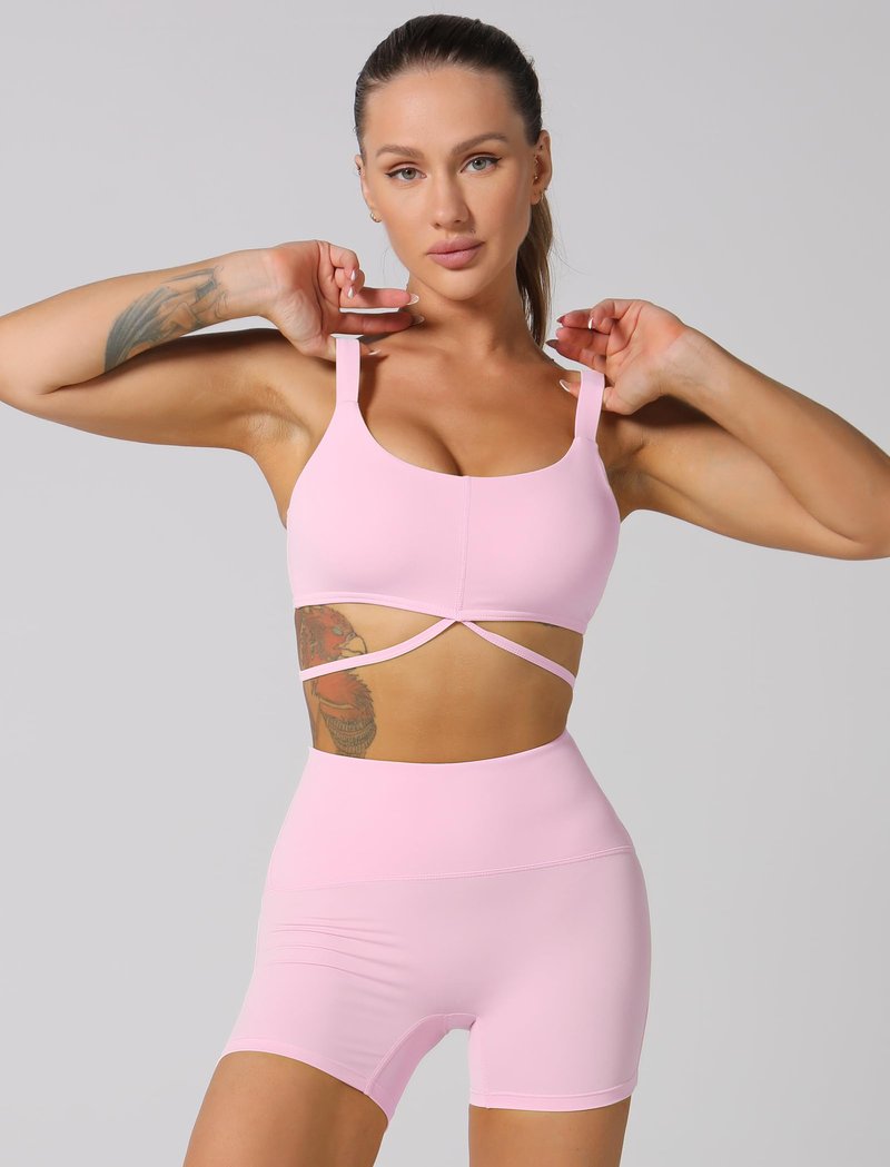 ABOCIW Workout Sets for Women Strappy Sports Bra High Waist Workout Shorts 2 Piece Gym Set Fitness Yoga Outfits Y-Light Pink Medium