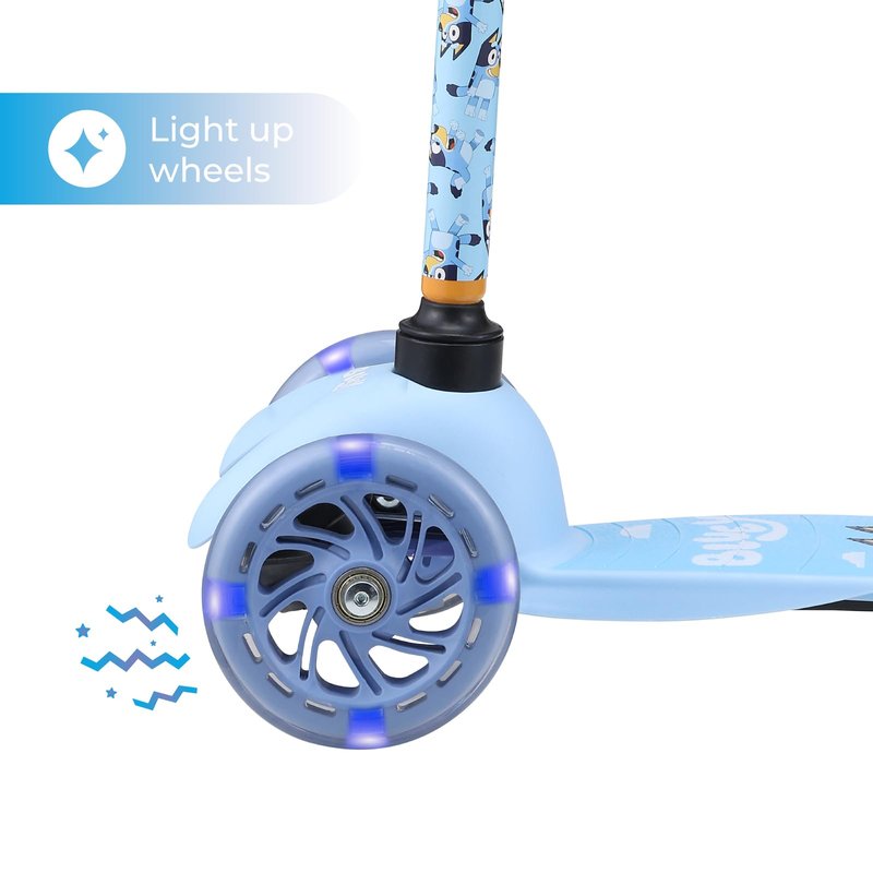 Bluey Self Balancing Kick Scooter with Light Up Wheels, Extra Wide Deck, 3 Wheel Platform, Foot Activated Brake, 75 lbs Limit, Kids & Toddlers Girls or Boys, for Ages 3 and Up