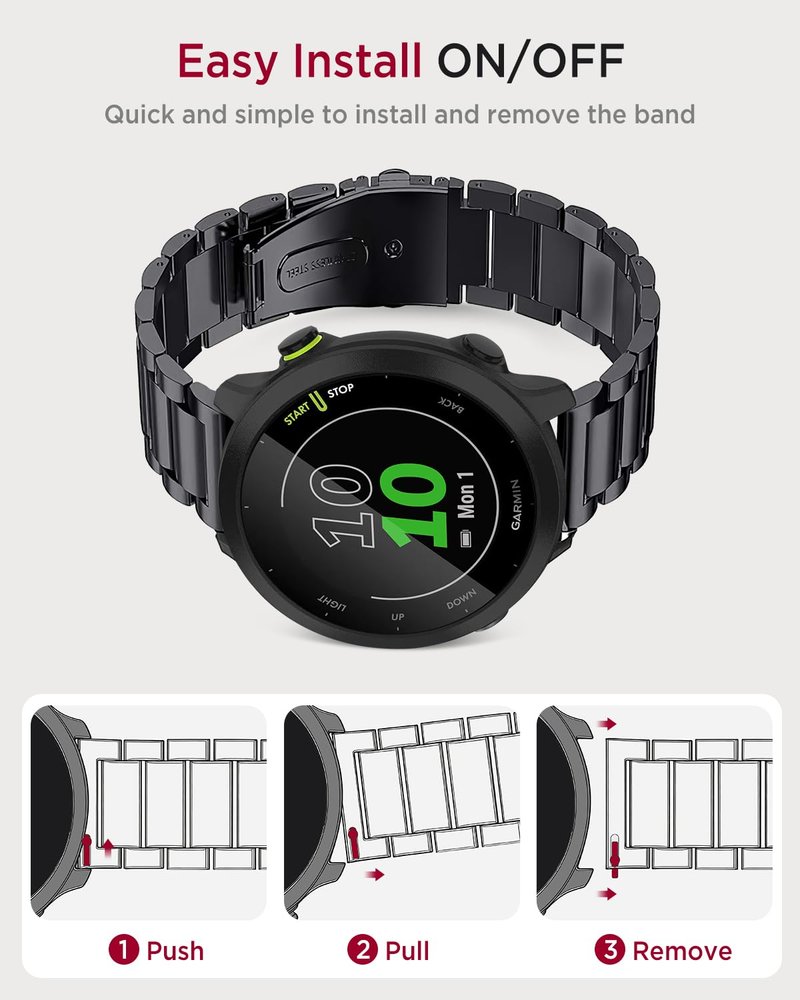 Miimall Business Band for Garmin Vivoactive 6/5/3, Forerunner 55/165/570 42mm, Venu Sq/2 Plus, 20mm Men Metal Bracelet Stainless Steel Strap for Vivomove Sport/Trend, Approach S12/S50/S42/S44(Black)