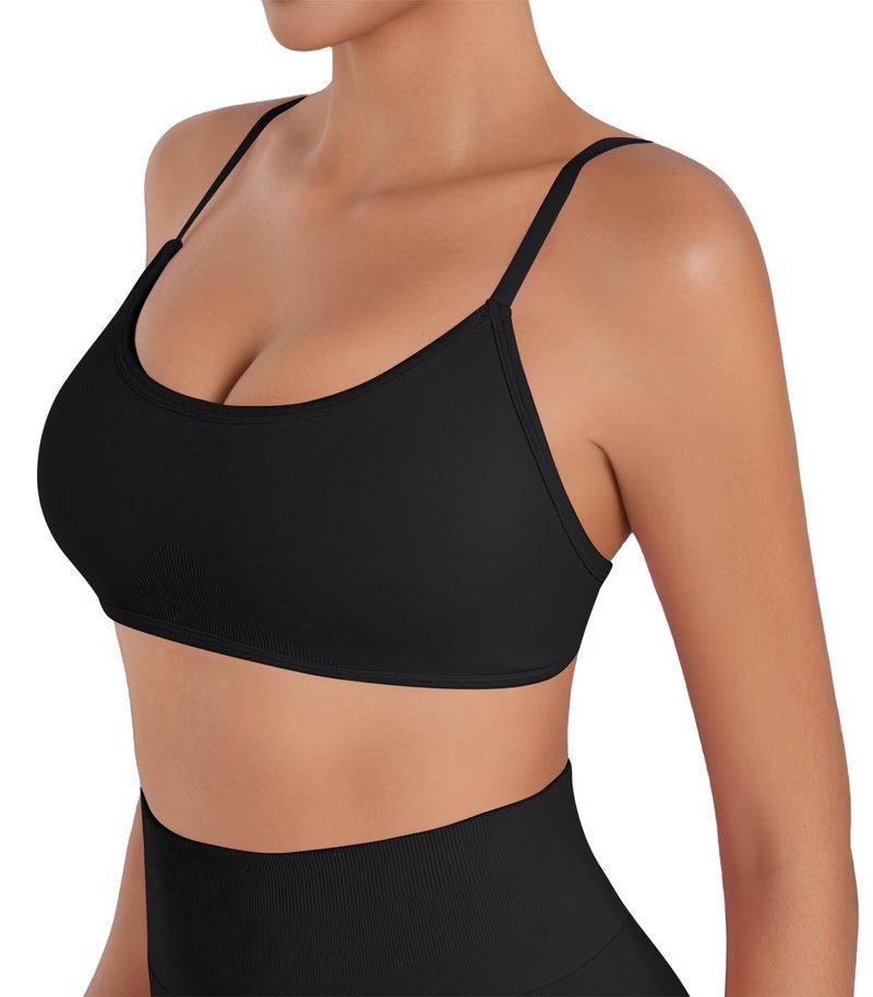 Sunzel Women's Open Back Sports Bra Adjustable Spaghetti Strap Seamless Low Impact Workout Gym Yoga Bra with Removable Pads Black Small