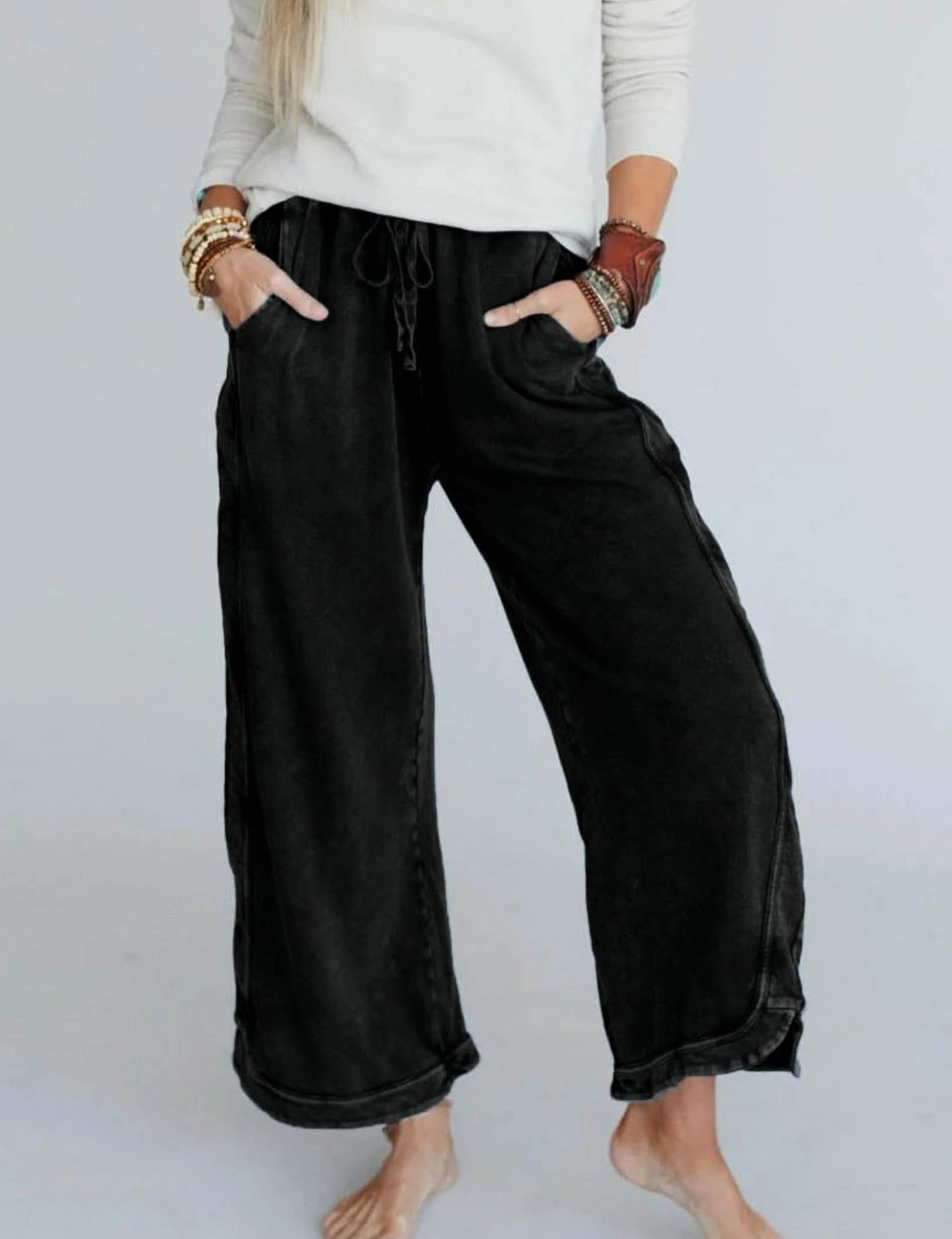 Malajisi Women's Casual Wide Leg Pants High Waist Drawstring Sweatpants Baggy Athletic Trousers with Pockets(Black,M)