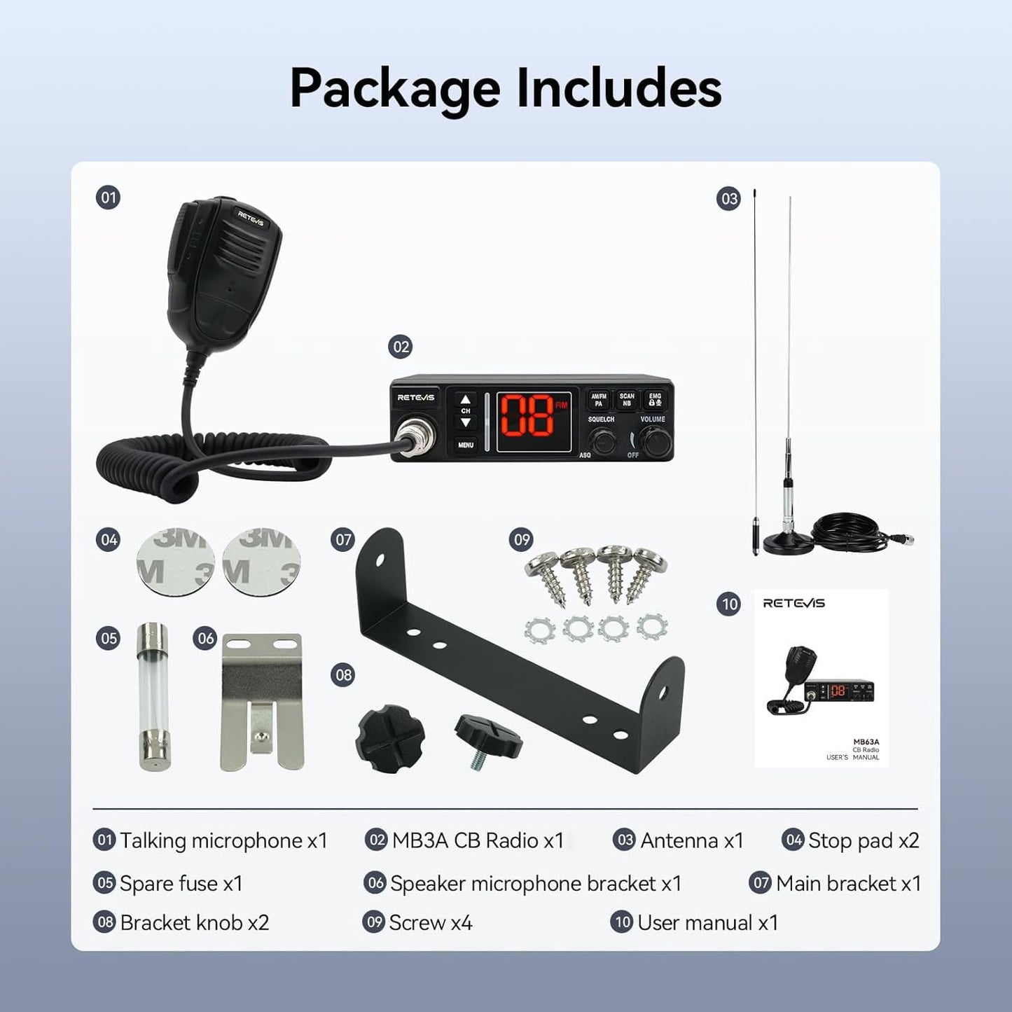 Retevis MB3A 40-Channel AM/FM CB Radio Kit - Long Range Trucker Radio with Antenna, 12V/24V Cigarette Lighter, Noise Limiter, PA, Emergency Channels 9/19, Cooling System