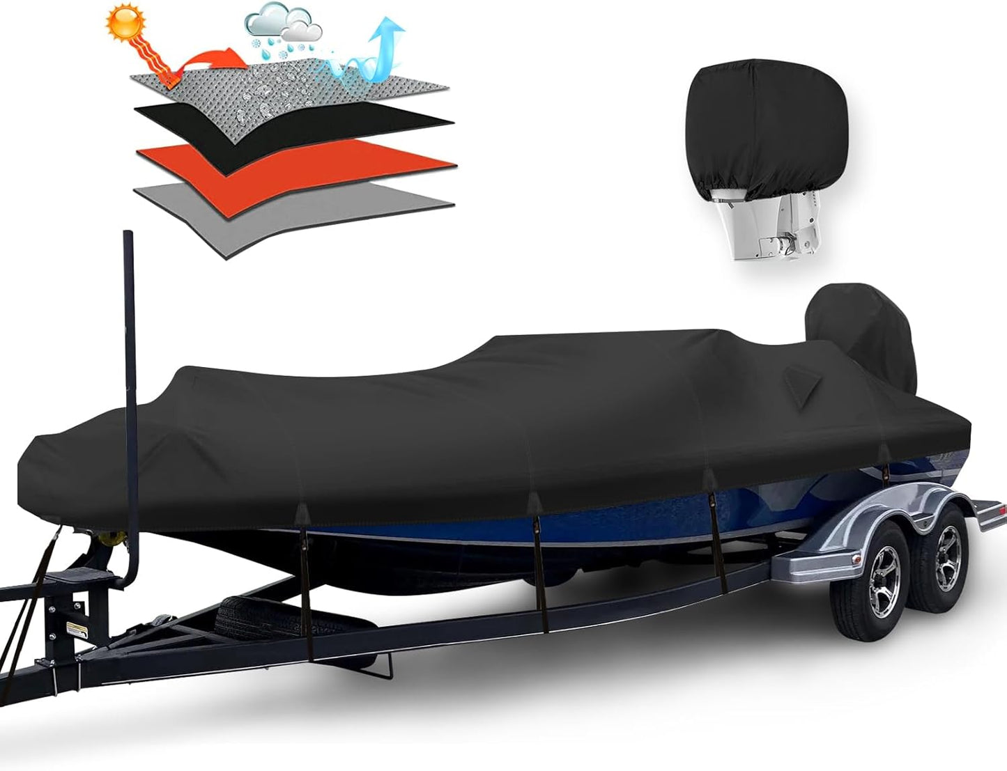 Waterproof 1200D PU Boat Cover - Heavy Duty Marine Grade for 17-19' Bass, V-Hull, Runabout | Black