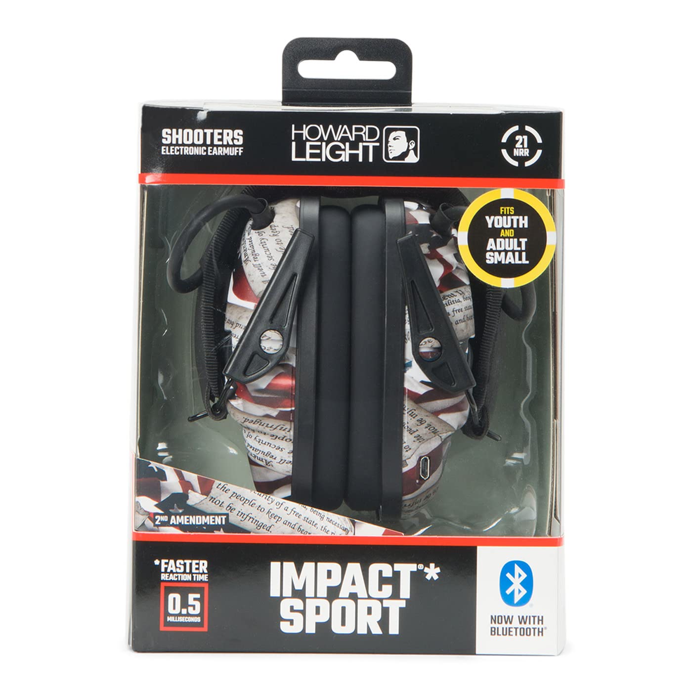 Howard Leight Honeywell Ademco Howard Leight Impact Sport with Bluetooth, 2nd Amendment Print, Youth/Adult Small (R-02546)