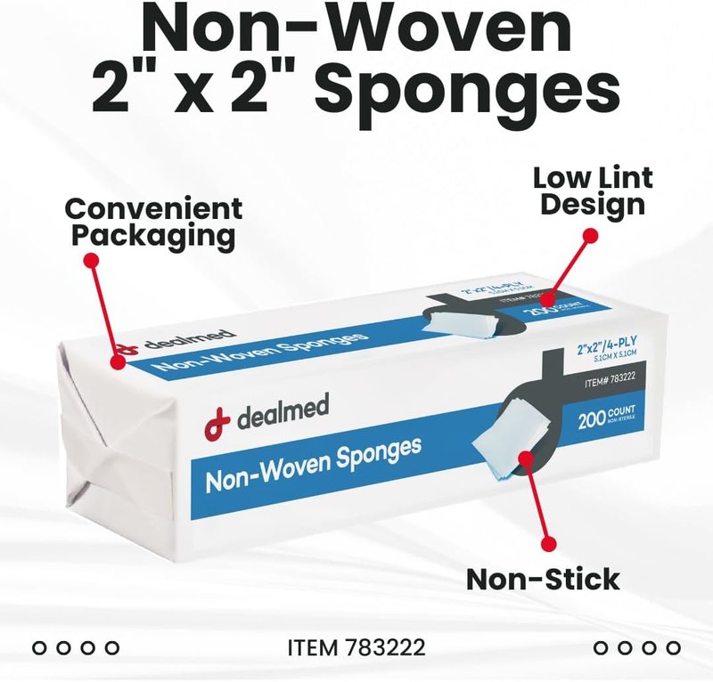 Non-Woven Gauze Sponges - 2" x 2" | 200 Count, 4-Ply Absorbent Dental Wound Care for First Aid Kits