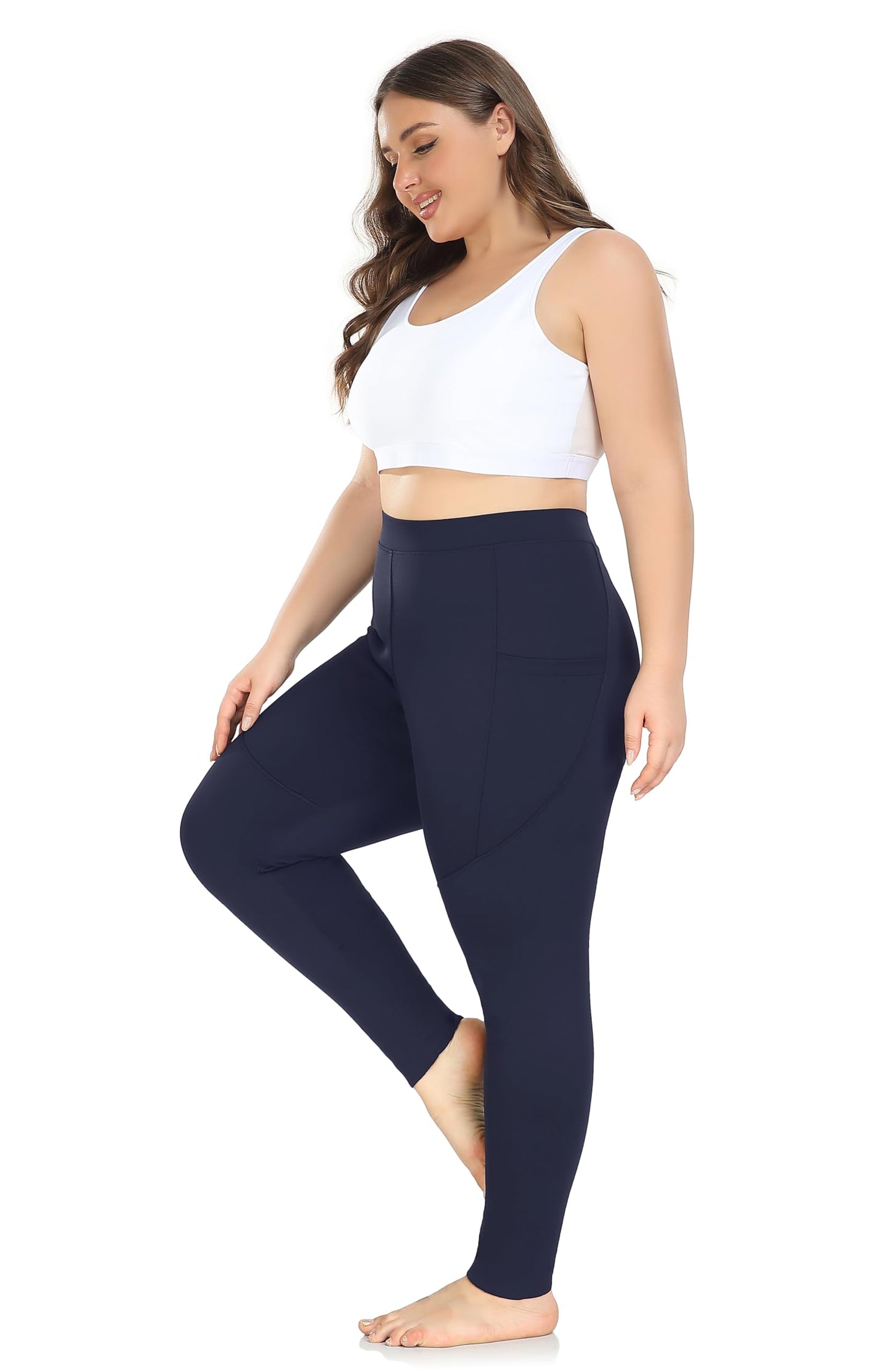 ZERDOCEAN Women's Plus Size Fleece Lined Leggings with Pocket High Waist Winter Thermal Soft Workout Yoga Pants Navy 2X