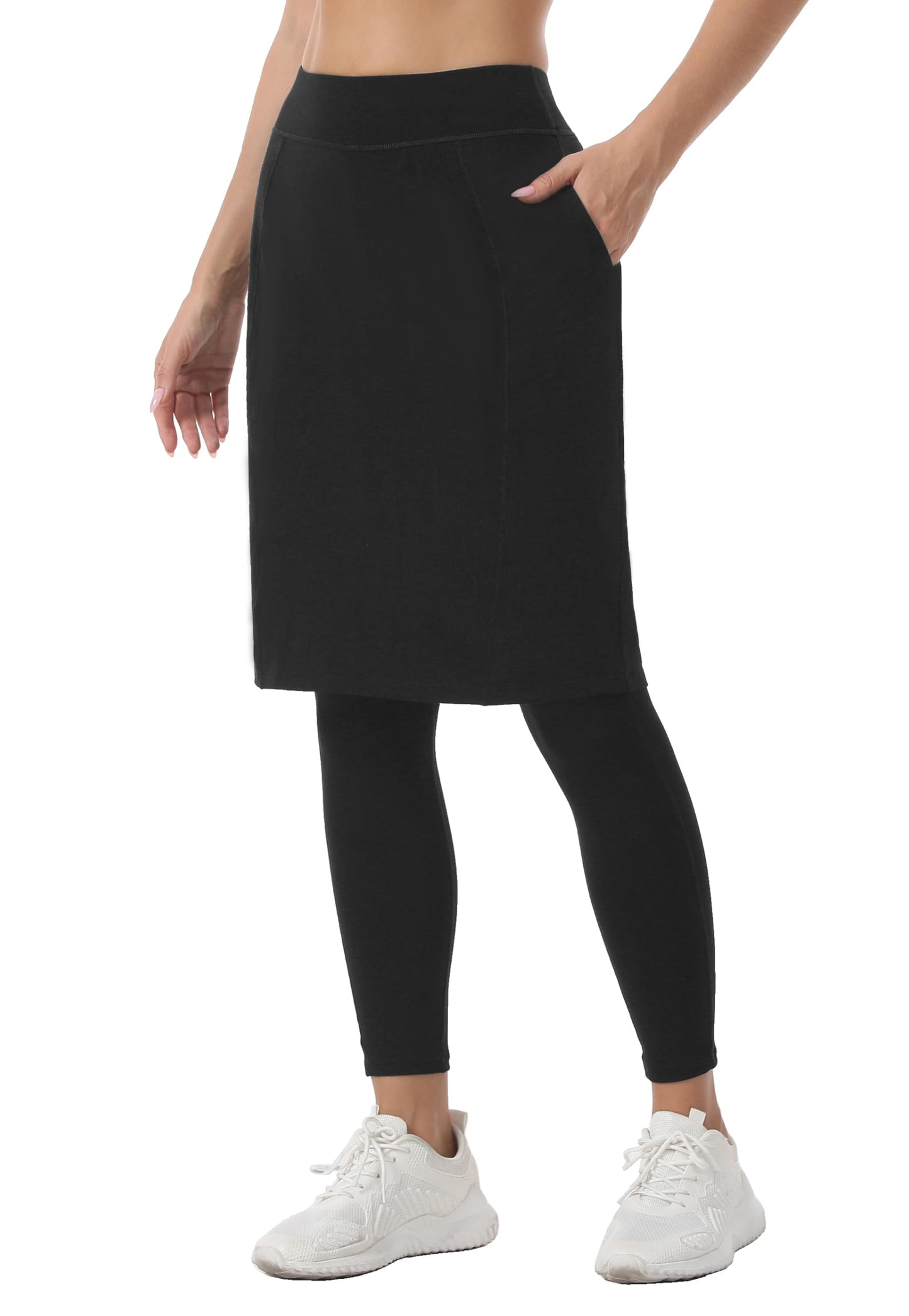 HOKOYI Women 23" Athletic Knee Length Skirt with Full Leggings Attached Pockets Workout Modest Skirted Capris bk m Black