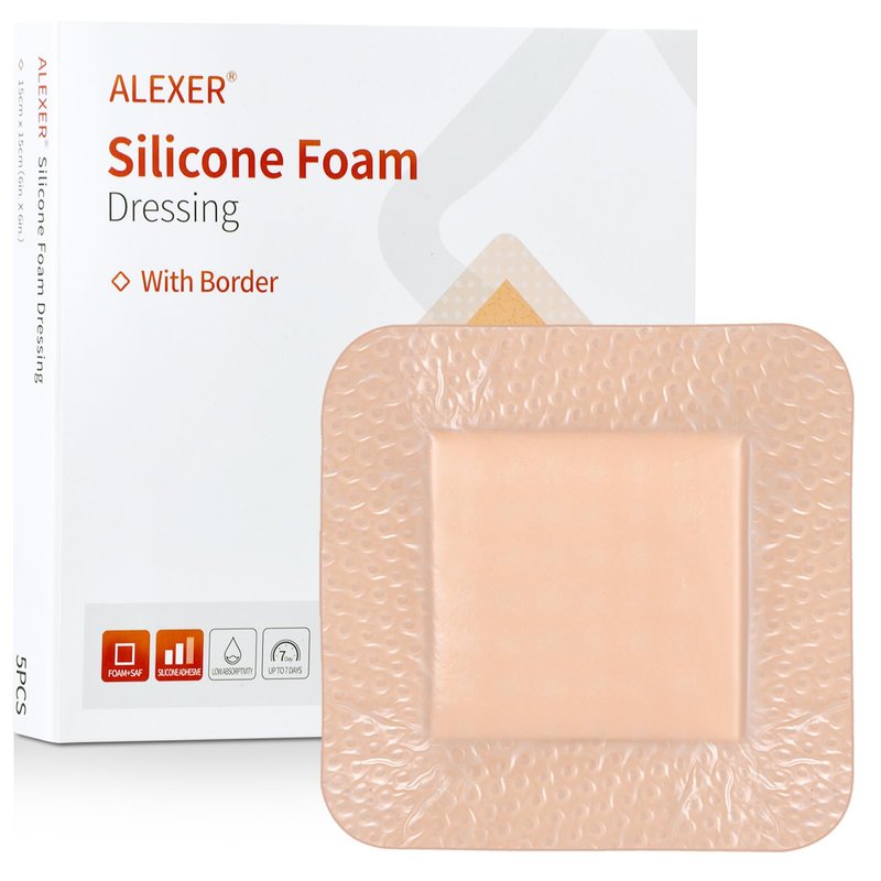 OUJEALEE Silicone Foam Dressing with Border - 5 Pack | Ultra-Gentle Skin Adhesive | Super Absorbent Wound Pad | Sterile & Waterproof | Pain-Free Removal for Sensitive Skin (5" x 5")