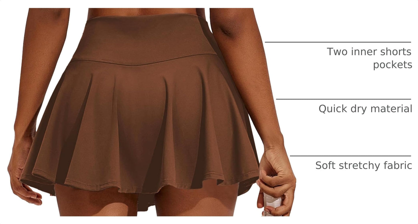 PINSPARK Womens Tennis Skirt Tummy Control Pleated Golf Skort with 2 Pockets High Waisted Active Skirts, Brown Medium
