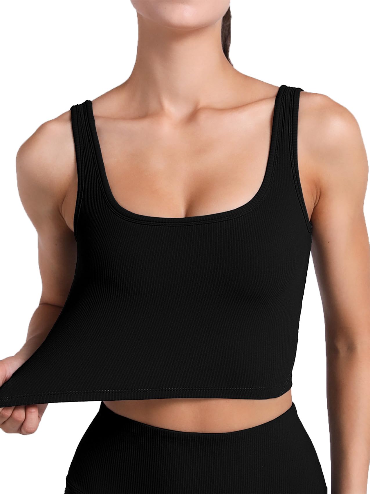 FelFory Longline Sports Bra Tank Top Bra Top for Women Seamless Sports Bra Ribbed Workout Tops Padded Crop Top Fitness Yoga Tank Black Medium