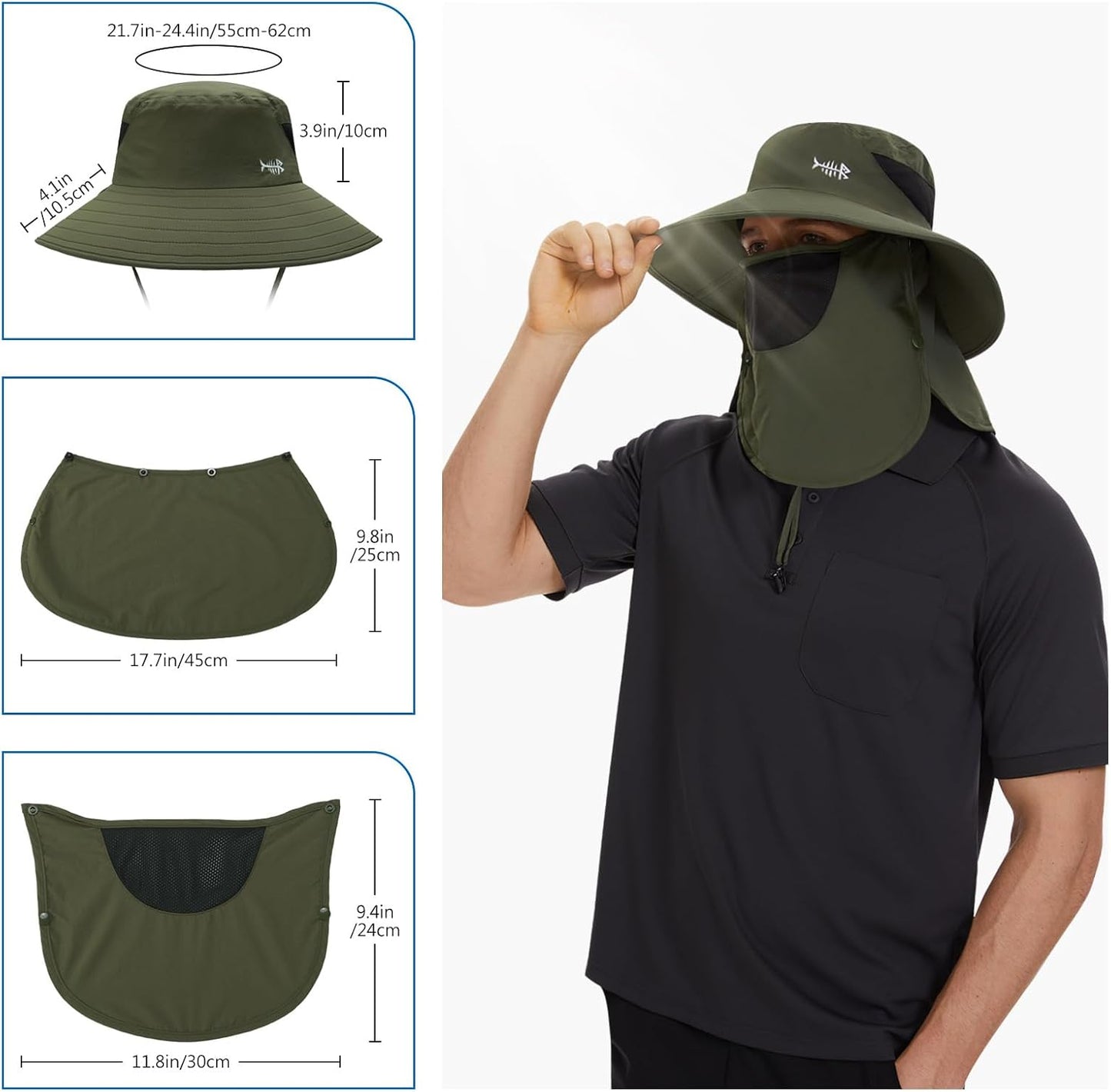 BASSDASH UPF 50+ Sun Hat - Breathable Wide Brim Bucket Hat with Removable Face Cover & Neck Flap for Fishing & Hiking