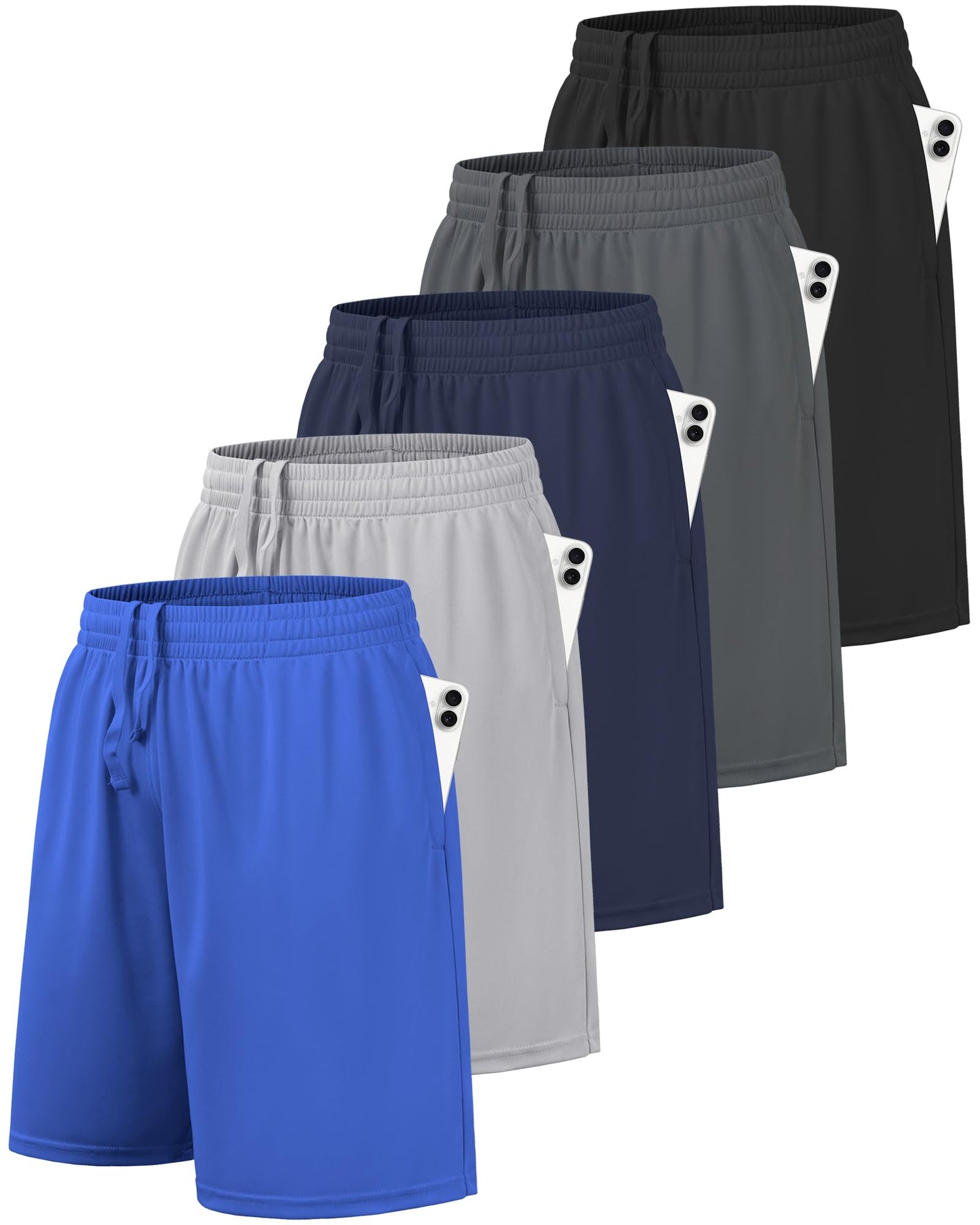 BALENNZ 5 Pack Boys Athletic Shorts Kids Youth Quick Dry Active Performance Basketball Shorts with Pockets Elastic Waistband Medium