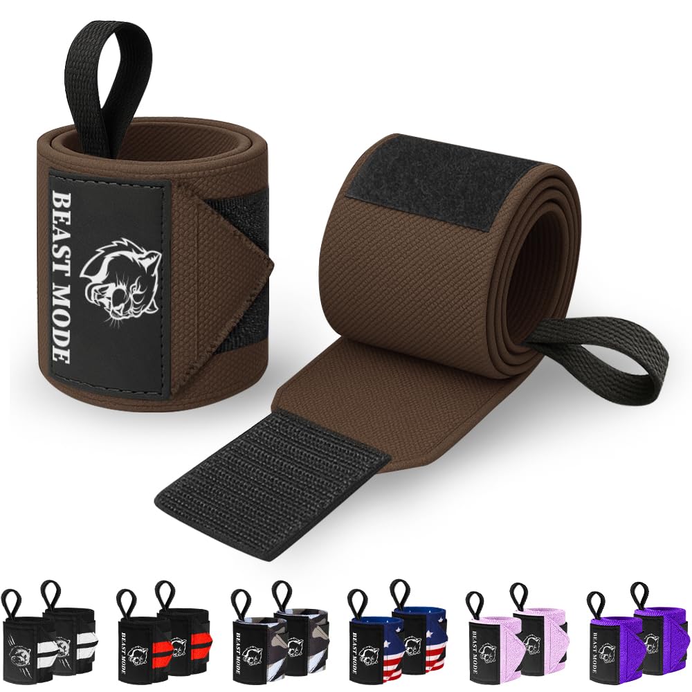 TECEUM Weightlifting Wrist Wraps with Thumb Loop – Brown – Beast Mode – 18 inch – Heavy-Duty Workout Wrist Support & Protection – Ideal for Powerlifting, Strength Training, Bodybuilding