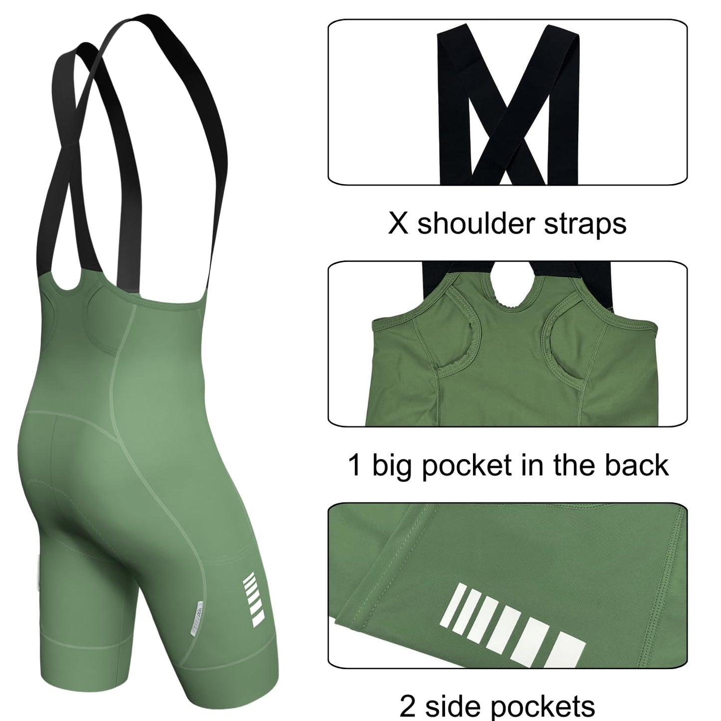 Lo.gas Mens Cycling Bibs Shorts 3D Padded Bike Shorts High Stretch Quick-Dry 3 Pockets & 2.56 Inch Non-Slip Leg Grippers Grass Green L
