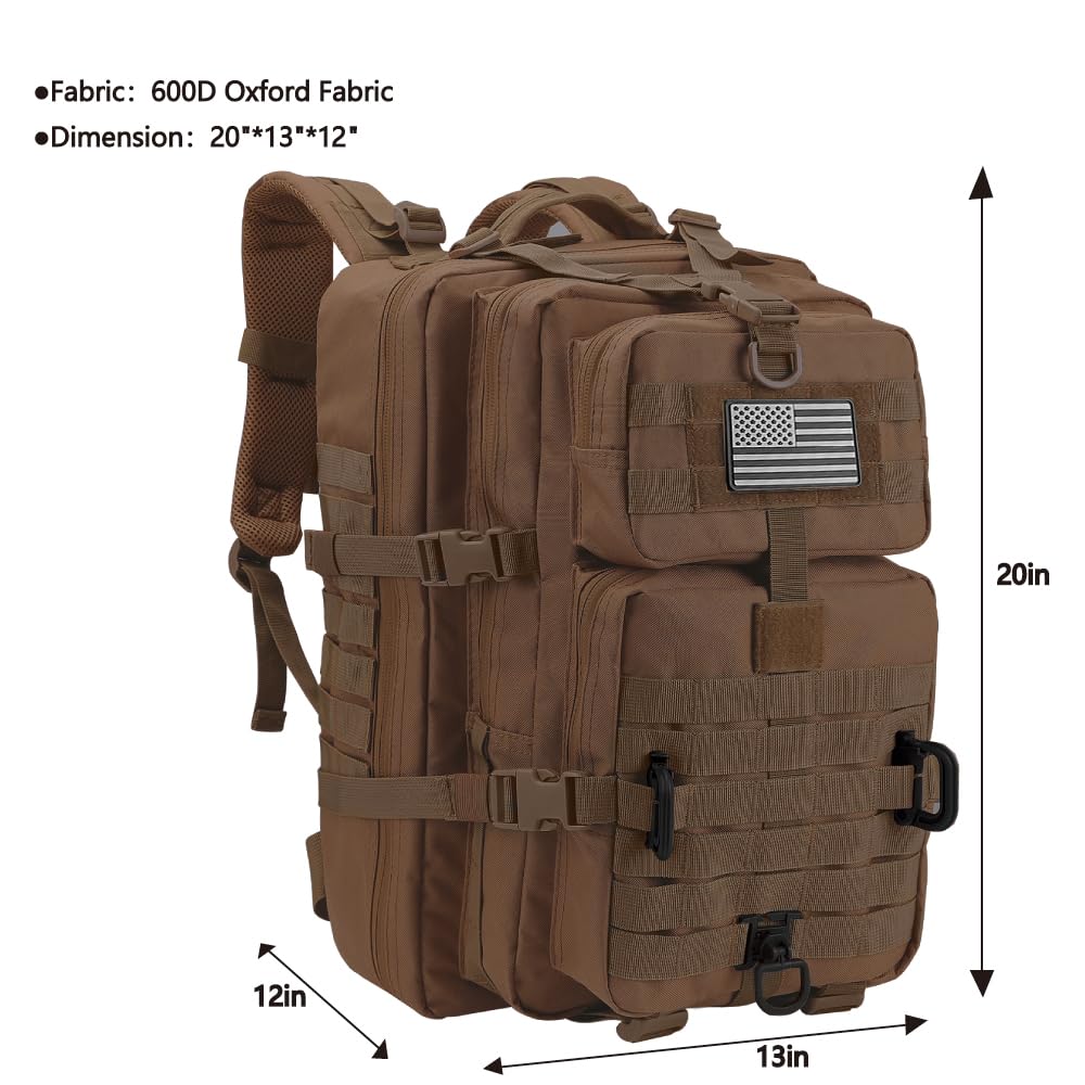 Hannibal Tactical MOLLE Assault Backpack, Tactical Backpack Military Army Camping Rucksack, 3-Day Pack Trip w/USA Flag Patch, D-Rings, Dark Brown