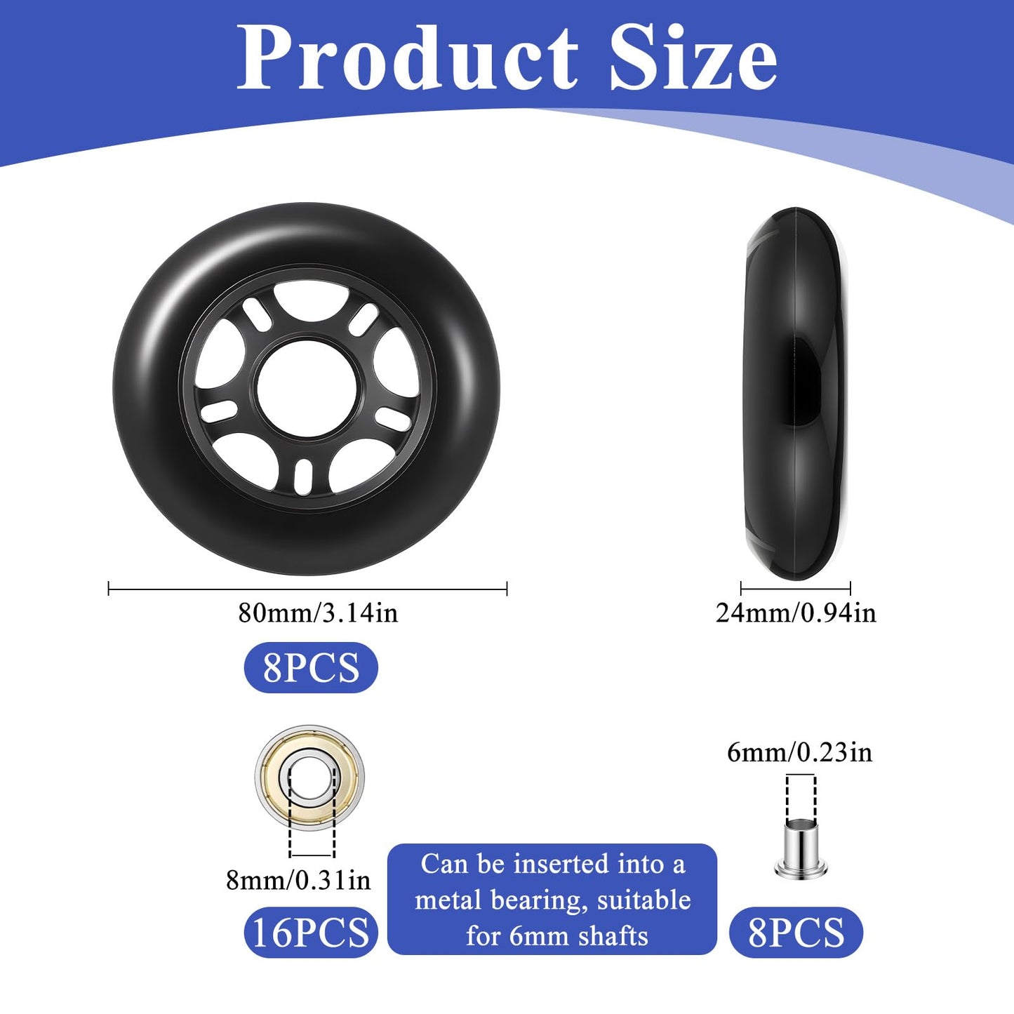 8 Pack Inline Skate Wheels, Luggage Suitcase Replacement Wheels, 80mm Roller Hockey Blade Replacement Wheel with ABEC-7 Bearing for Girls & Boys Roller Blade Skating - Black