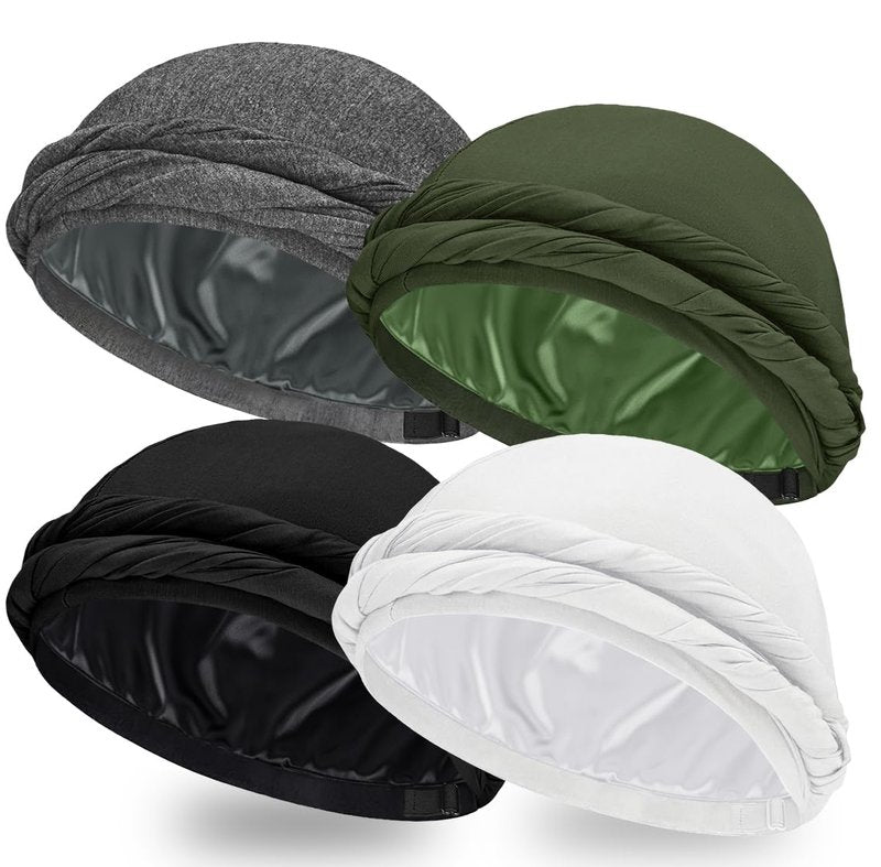 Ababalaya 4PCS Adjustable Satin Lined Halo Turban Durag for Men &Women, Sleeping Bonnet, Beanie Hats, PRE-Tied Headwraps for Hair Loss