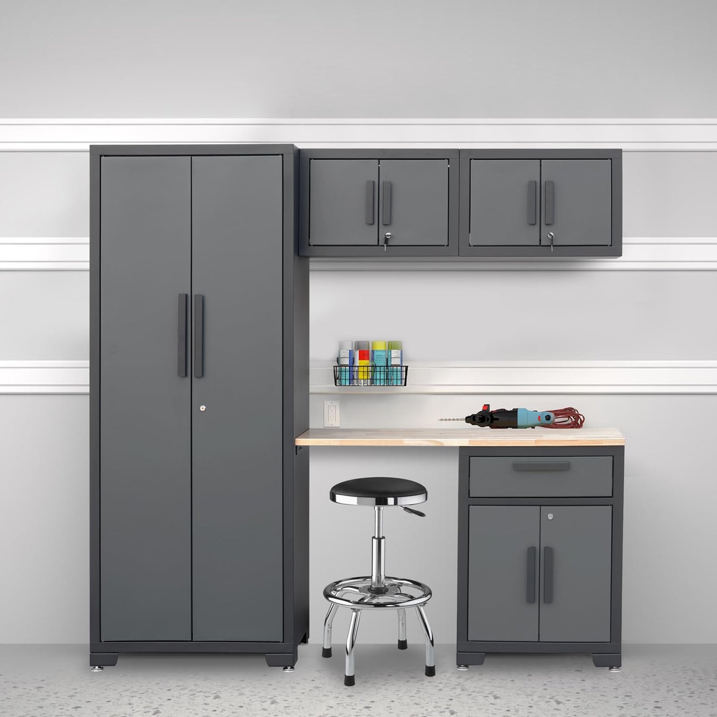 Torin Garage Storage, 5 Piece Garage Storage Cabinet with Lockers, Workbench, Orgager for Garage, Home, Office, School, Black/Grey
