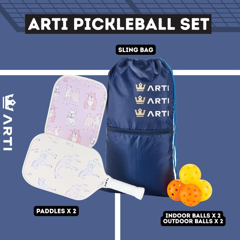 ARTI Pickleball Paddles Set of 2-USAPA Approved Fiberglass Surface Pickleball Set,2 Pickleball Rackets, 4 Balls and 1 Portable Carry Bag, Dogs and Giraffes Pickle Ball Set for Men Women Beginners