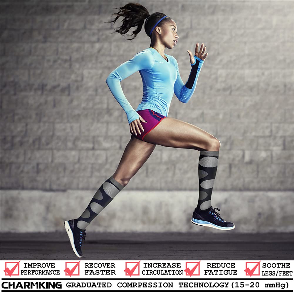 CHARMKING Compression Socks for Women & Men (8 Pairs) 15-20 mmHg Graduated Copper Support Calf Socks are Best for Pregnant, Nurses - Boost Performance, Circulation, Knee High Wide Calf(S/M, Multi 17)