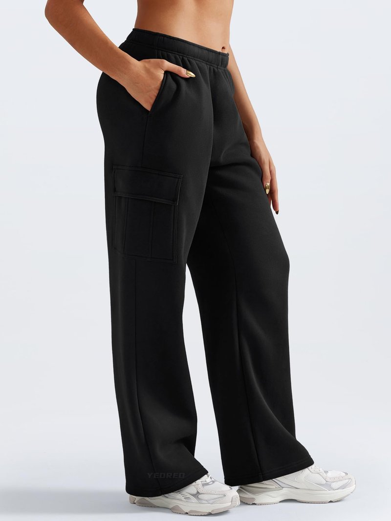 YEOREO Sweatpants Womens Cargo Pants Fleece Lined Wide Leg Joggers Baggy Drawstring Nairi Sweat Pants with Pockets Black S
