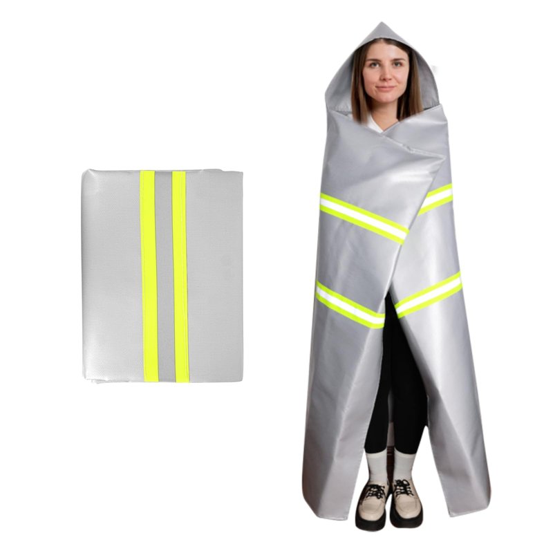 Utypee Emergency Fireproof Cloak with Hood – Silver Silicone Coated Fiberglass Fire Blanket, 59 x 63 Inches, Heat Resistant Safety Cover for Escape- fire Retardant Blanket - fire Extinguisher