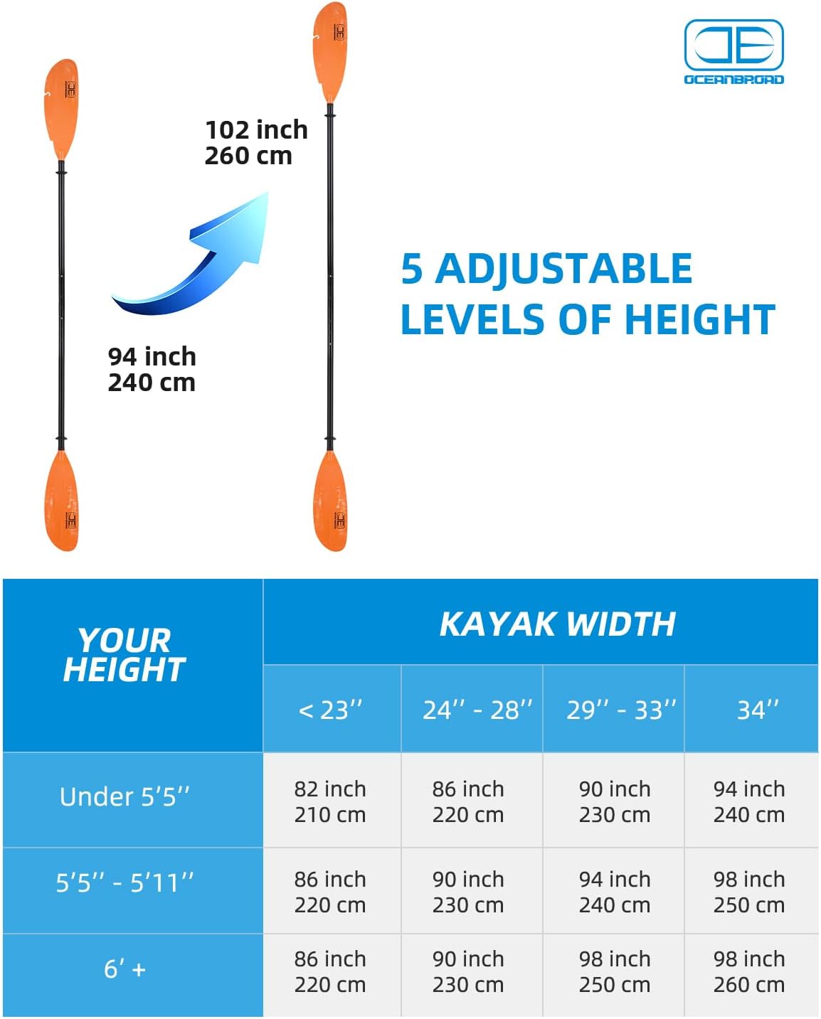 Adjustable Fishing Kayak Paddle - 94in to 102in Aluminum Alloy Shaft with Paddle Leash