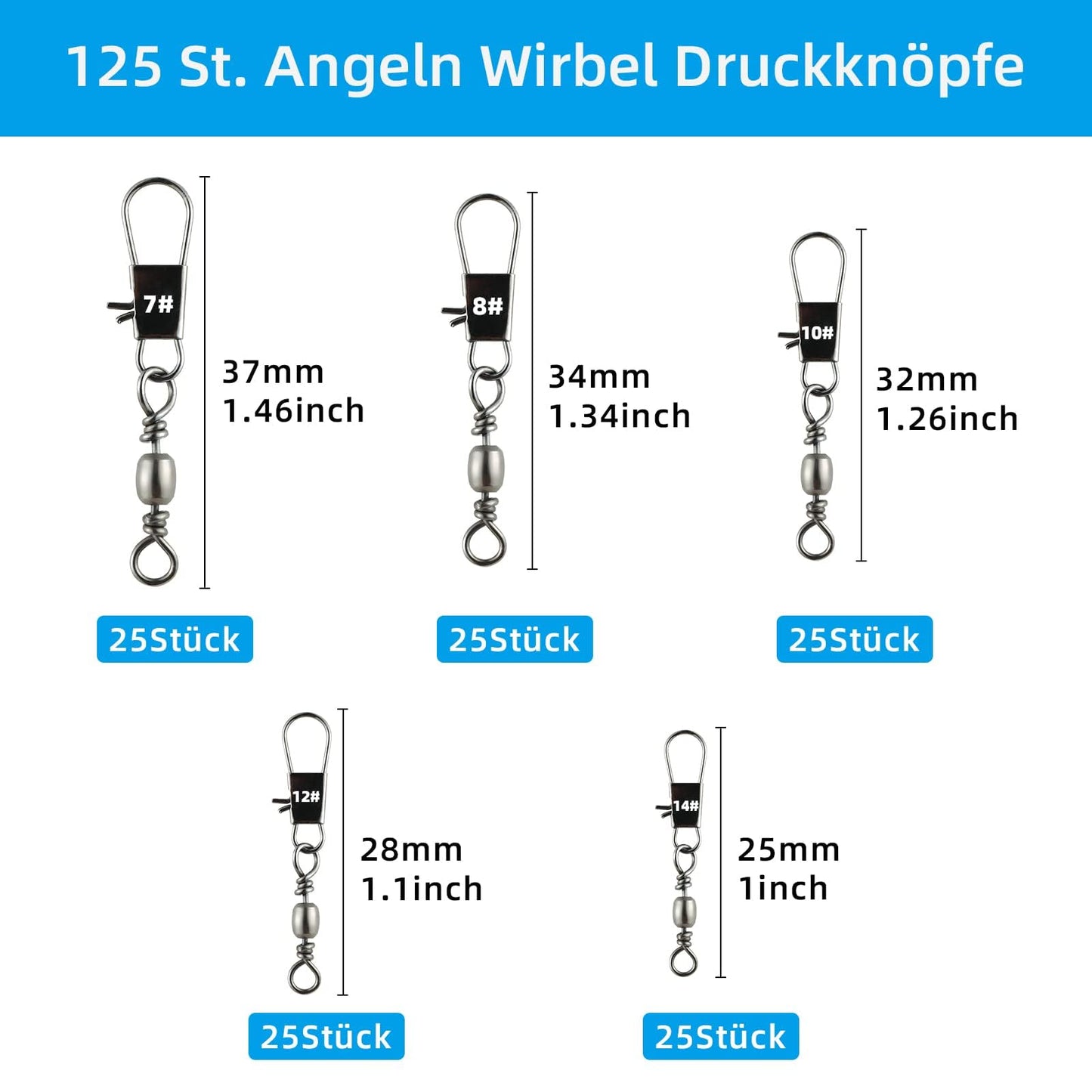 Realure 125 Pcs Barrel Snap Swivel Fishing Rolling Ball Bearing Swivels with Safety Snap 7# 8# 10# 12# 14# Quick Change Fishing Connector with Ball Bearing Swivels Snaps for Connecting Hooks & Lures