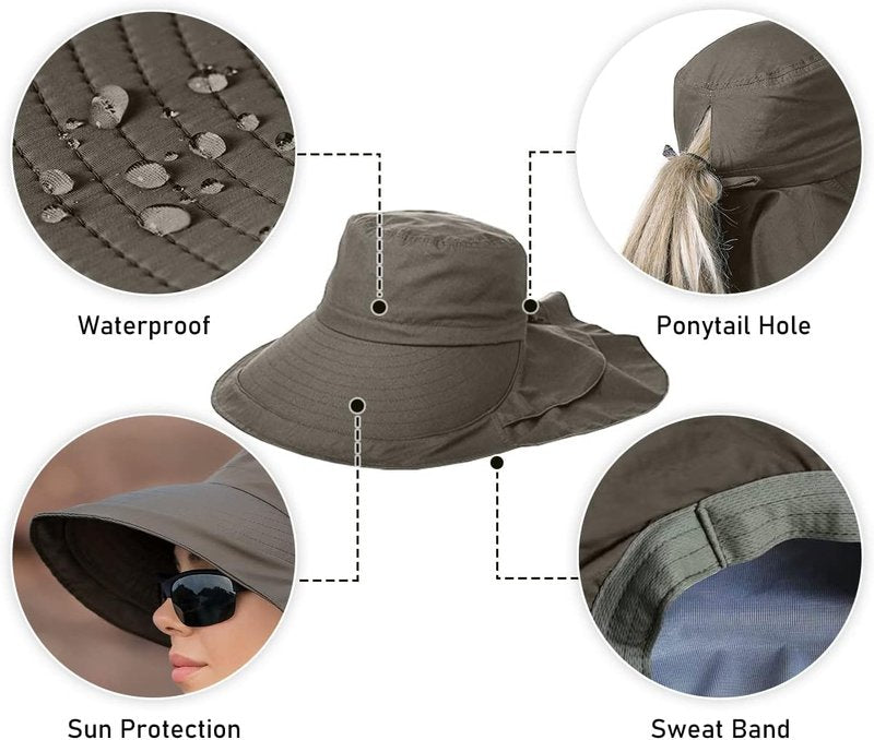 Women's Sun Hat - UPF 50+ Wide Brim with Ponytail Hole | Hiking Safari Neck Flap Hat