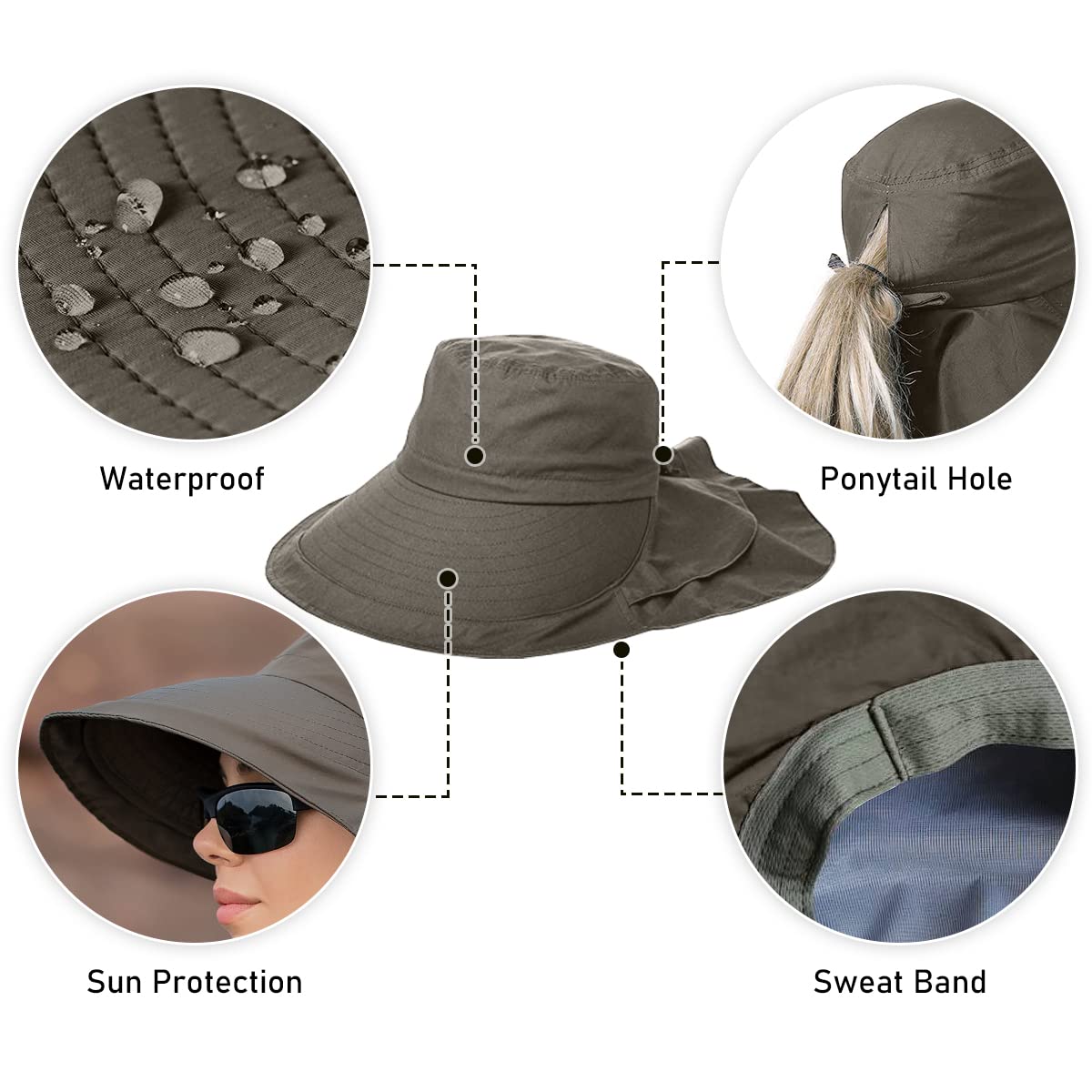 ZEXIAN Womens Sun Hat UPF 50+ Wide Brim and Ponytail Hole, Hiking Safari Hat with Neck Flap (Army Green)