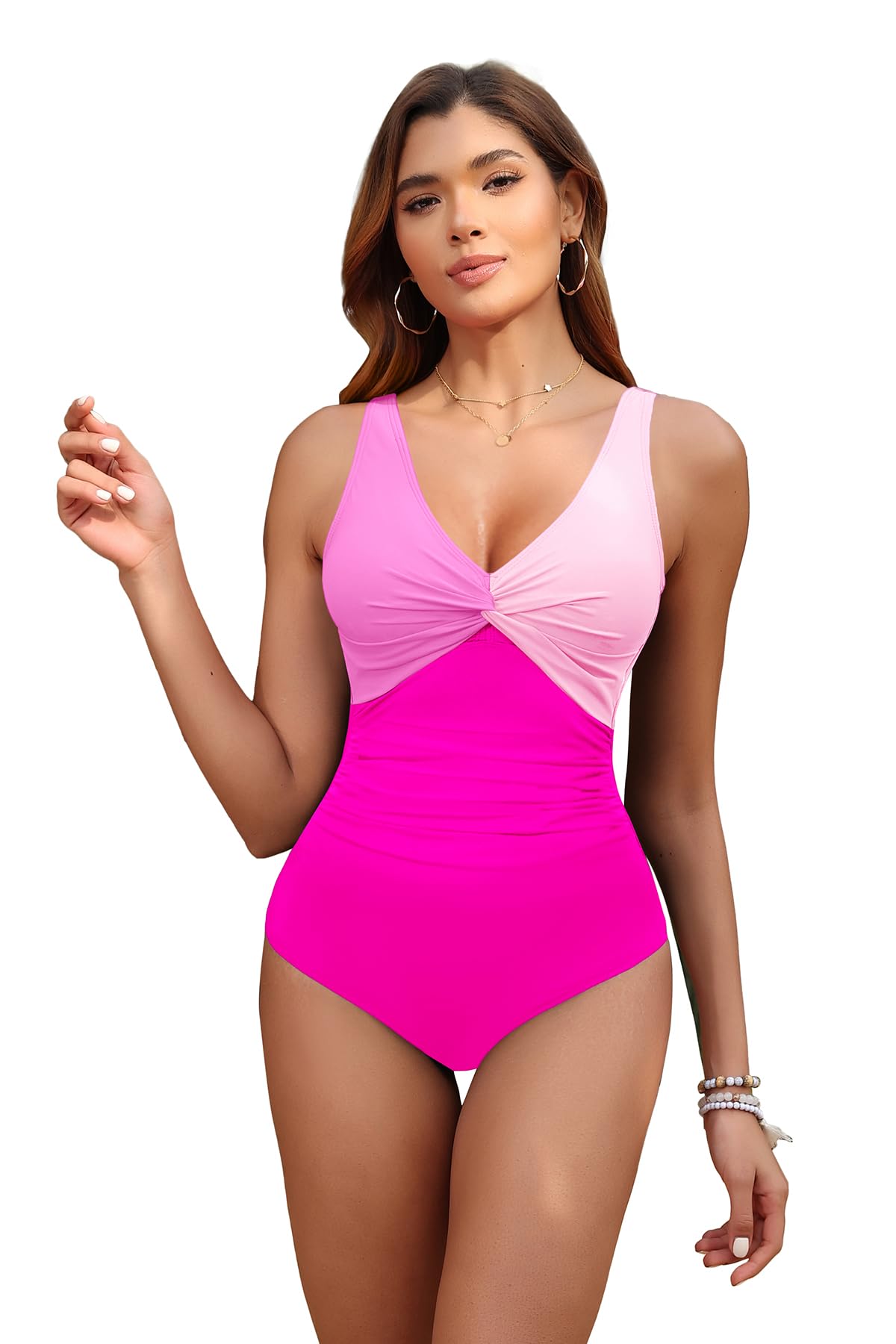 Holipick Rose Pink Women Tummy Control One Piece Swimsuit - Push Up Bathing Suit Full Coverage Slimming Swimwear XL