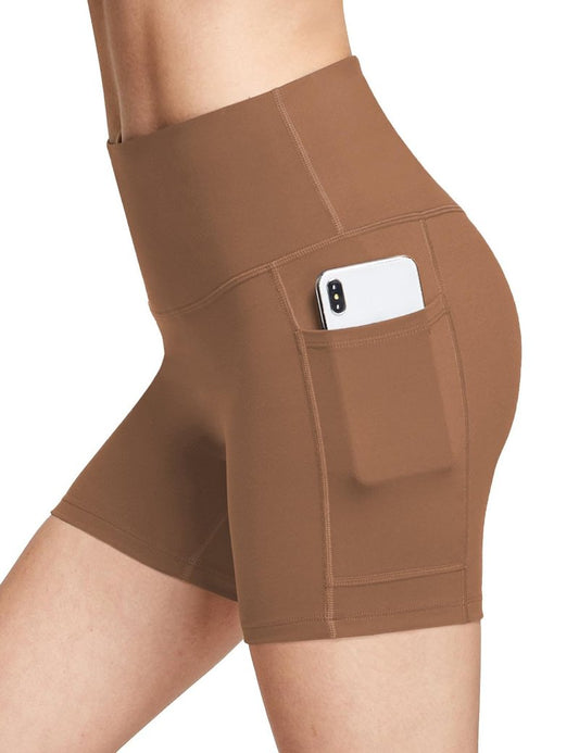 baleaf Biker Shorts Women Yoga Gym Workout Spandex Running Volleyball Tummy Control Compression with Pockets Soft 5" Brown XS