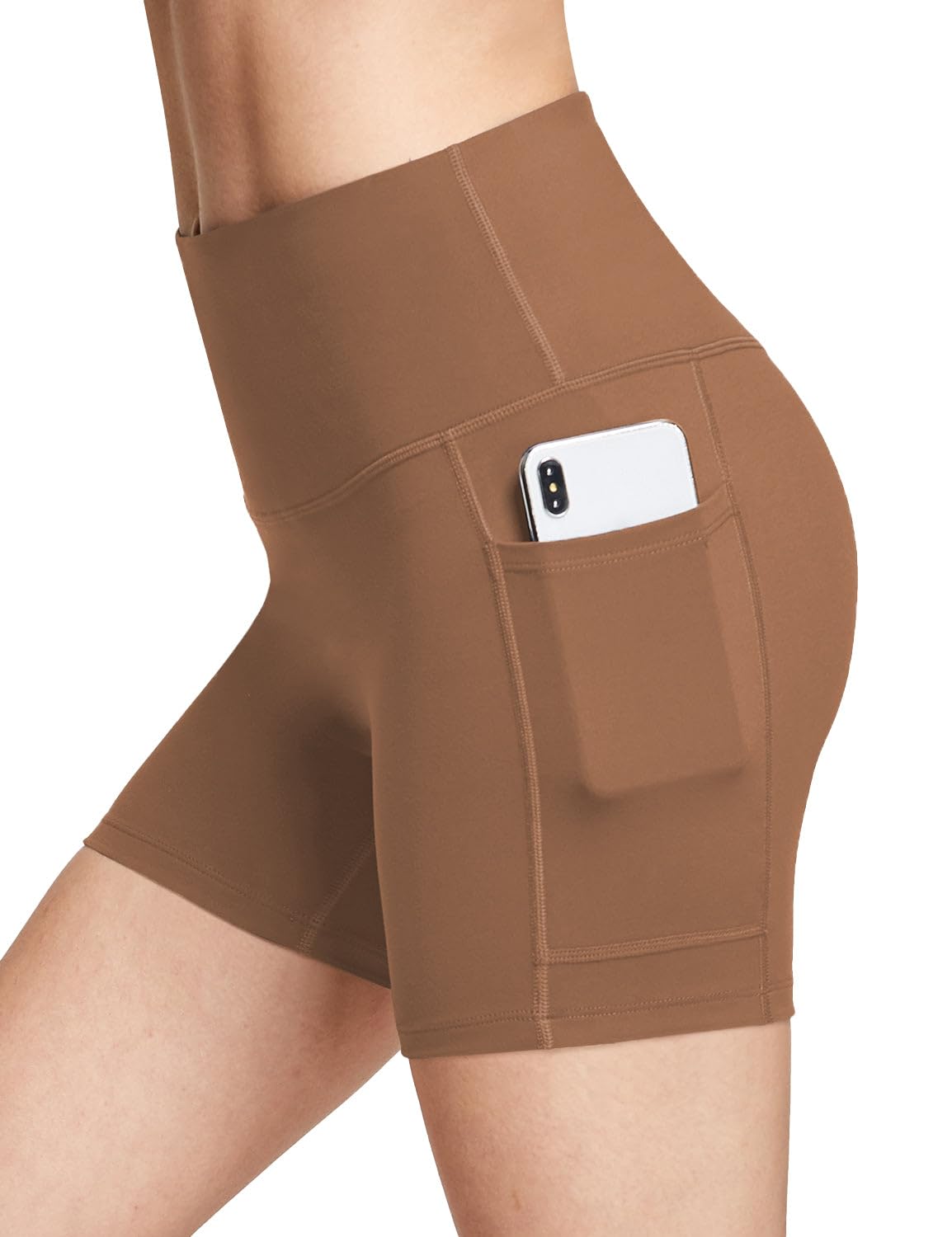 baleaf Biker Shorts Women Yoga Gym Workout Spandex Running Volleyball Tummy Control Compression with Pockets Soft 5" Brown M