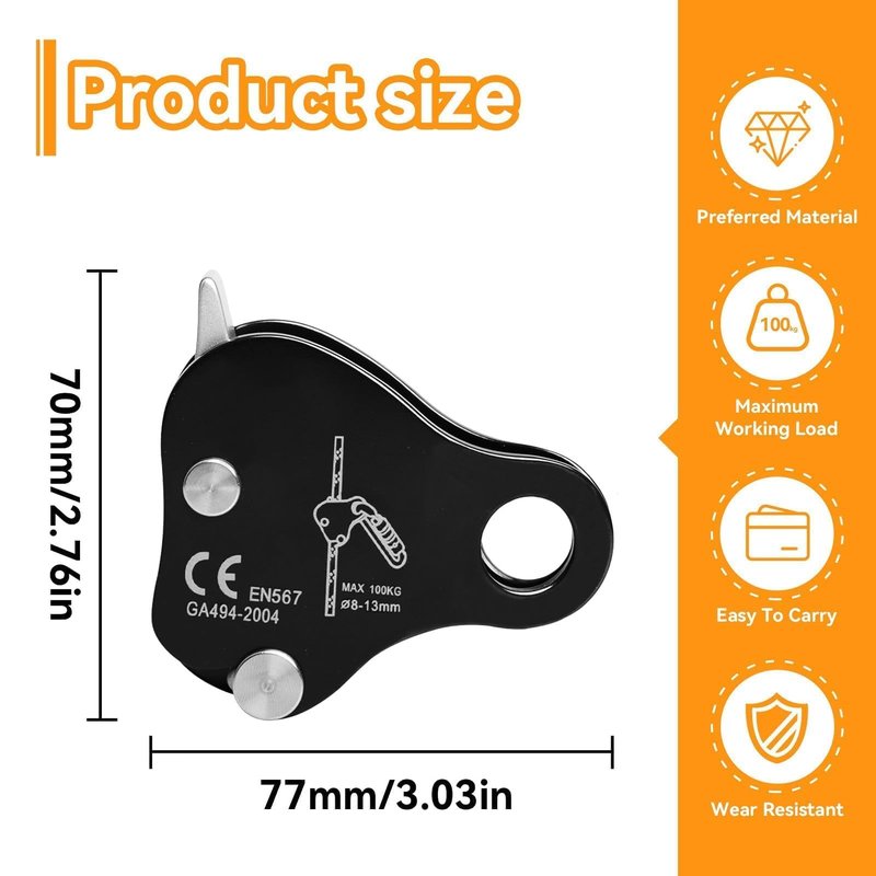 HERCHR Climbing Ascender, Fall Protection Belay Device Self Locking Ascender Riser Adjuster for 8‑13mm Rope Grab Clamp for Rock Climbing, Rappelling, Mountaineering, Arborist, Rescue (Black)