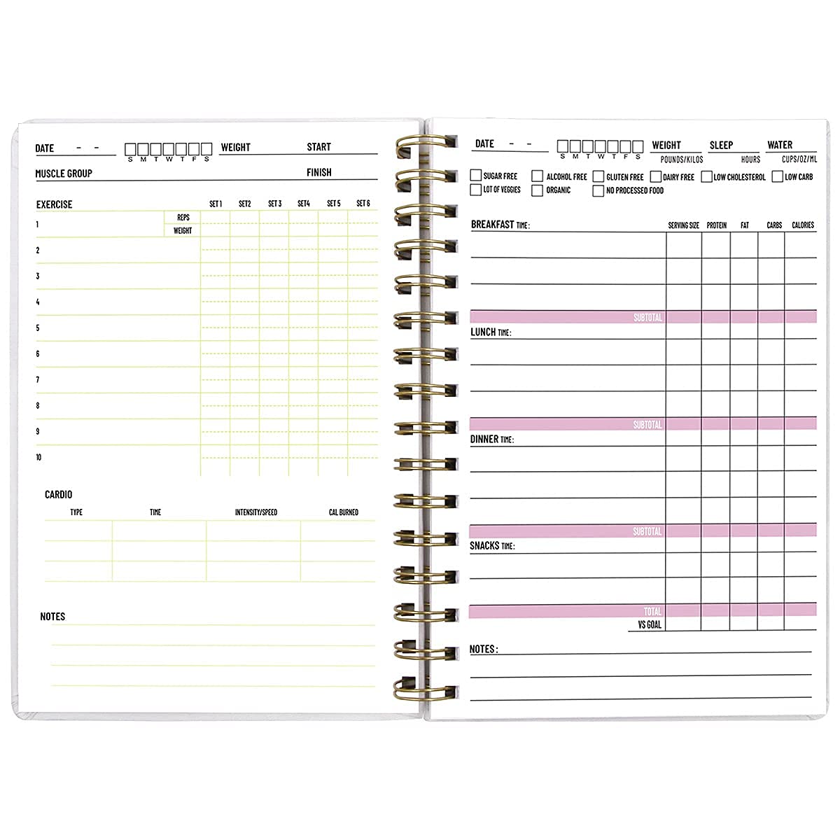 Food and Fitness Journal Meal Journal Diary Workout Wellness Log Notebook Planner Weight Loss Diet Meal Exercise Training Health Tracker 6.1" x 8.5" Hard Cover