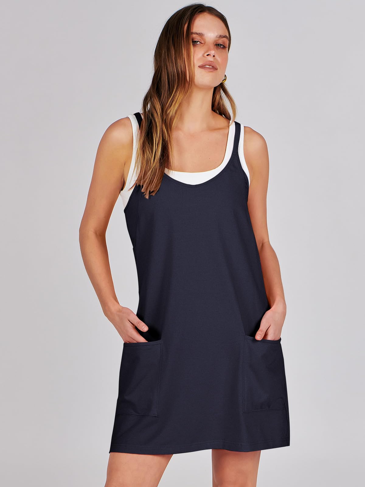 ANRABESS Women Athletic Dress Summer Tennis Workout Active Sports Mini Romper Dress Built in Shorts Travel Vacation Clothes Navy Blue Small