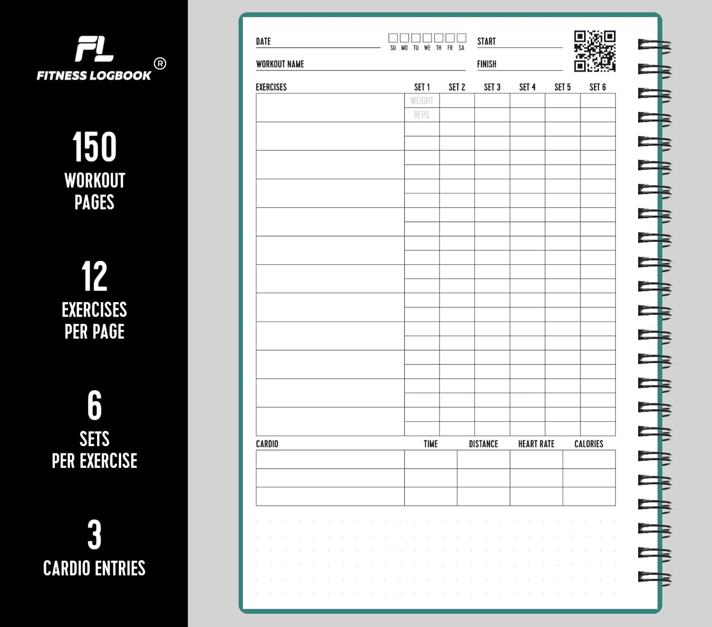 Fitness Logbook (Green) - A5 Undated Workout Journal For Men & Women - Plastic Cover & Thick Paper - Planner Log Book To Track Weight Loss, Muscle Gain, Gym Exercise, Bodybuilding Progress