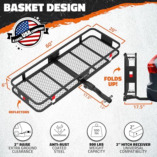 Mockins 60x20x6 Folding Cargo Carrier Hitch Mount Steel Rack 500lb Cap & 16 Cu Ft Soft Shell Waterproof Cargo Bag | Tow Hitch Cargo Basket, Hitch Tightener & Accessories |2" Receiver Cargo Trailer